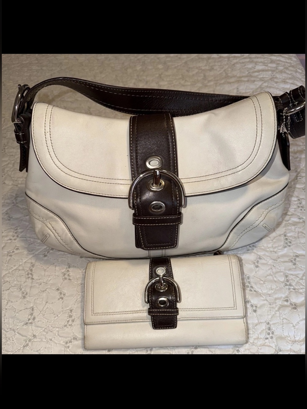 Coach soho Cream and Dark Brown Leather Shoulder Bag with Matching Wallet